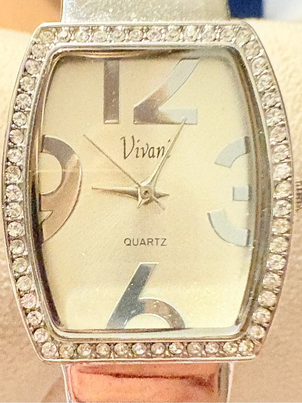 Vivani silvertone bangle style wristwatch rectangular bezel With Rhinestones